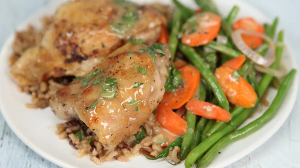 Crispy Chicken Thighs with White Wine Butter Sauce and Vegetables for Christmas Eve